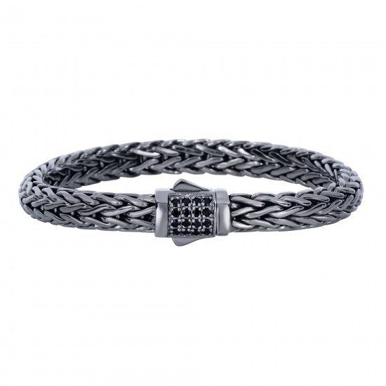 Silver Black Rhodium Finish Woven Bracelet With Box Clasp And Black Sapphire