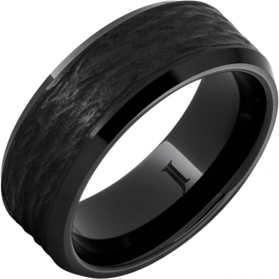 Black Diamond Ceramic&trade; Ring with Hand Carved Bark Engraving