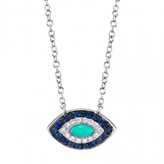 0.05ct Diamond & 0.20ct Blue Sapphire & Composite  Turquoise 14k White Gold Necklace