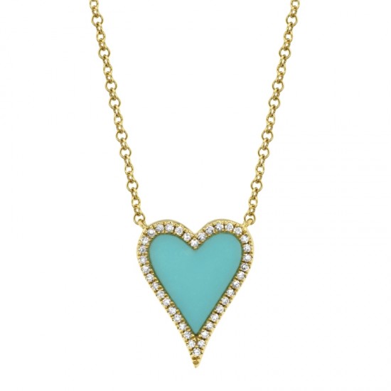 0.09ct Diamond & 0.69ct Composite Turquoise 14k Yellow Gold Heart Necklace