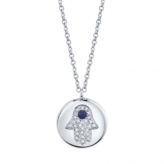 0.08ct Diamond & 0.04ct Blue Sapphire 14k White Gold Diamond Hamsa Necklace