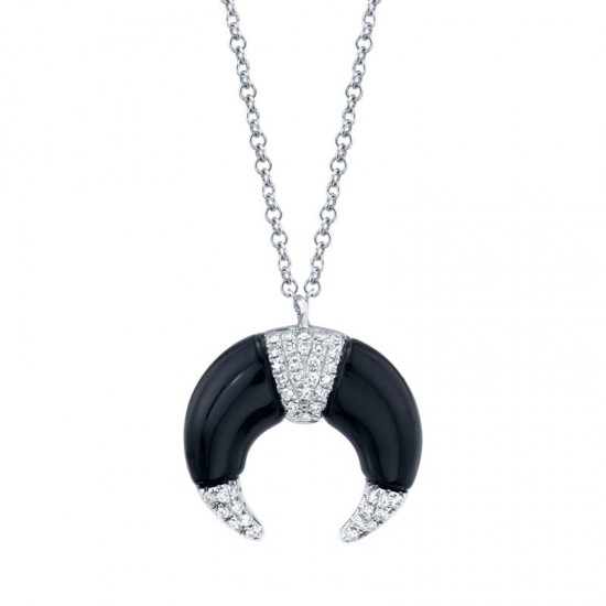 0.08ct Diamond and 1.31ct Onyx 14k White Gold Crescent Necklace