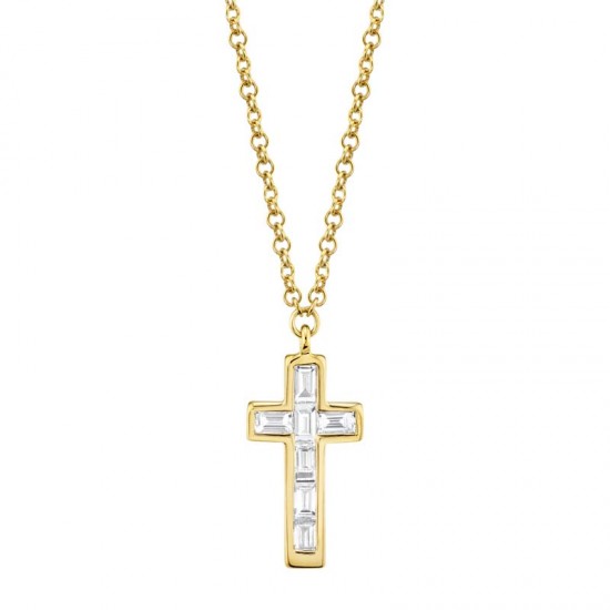0.17ct 14k Yellow Gold Diamond Baguette Cross Necklace