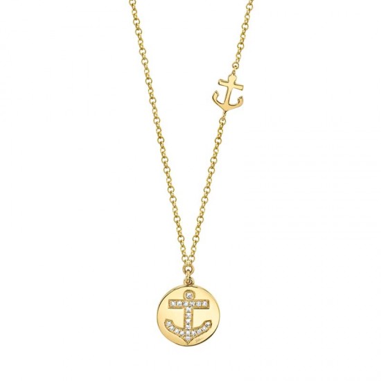 0.06ct 14k Yellow Gold Diamond Anchor Disc Necklace