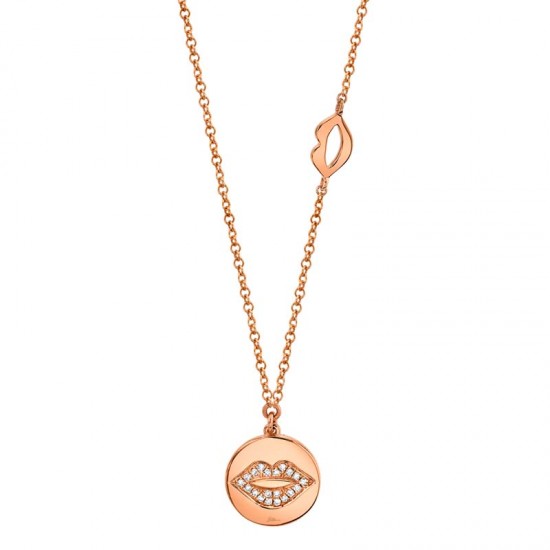 0.05ct 14k Rose Gold Diamond Pave Lips Disc Necklace