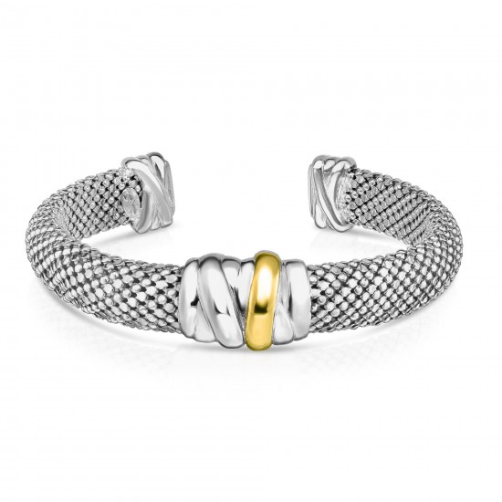 Sterling Silver And 18K Gold Bold Tally Wrap Popcorn Mesh Cuff Bangle