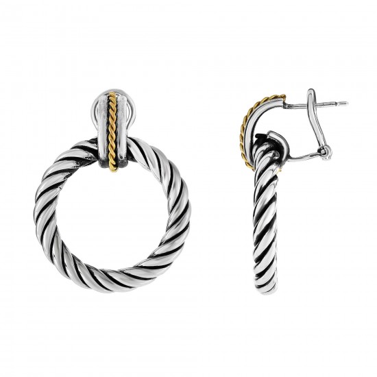 Silver And 18Kt Gold Italian Cable Medium Round Drop Earrings With Lever Back Clasp