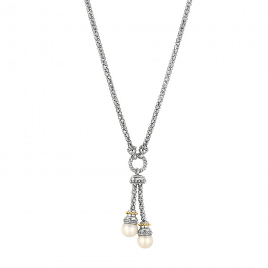 Silver And 18Kt Gold 17In Popcorn Lariat Necklace With White Pearl