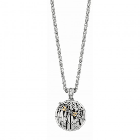 Silver And 18Kt Gold 25Mm Round Dragonfly Bamboo Pendant On 18In Chain