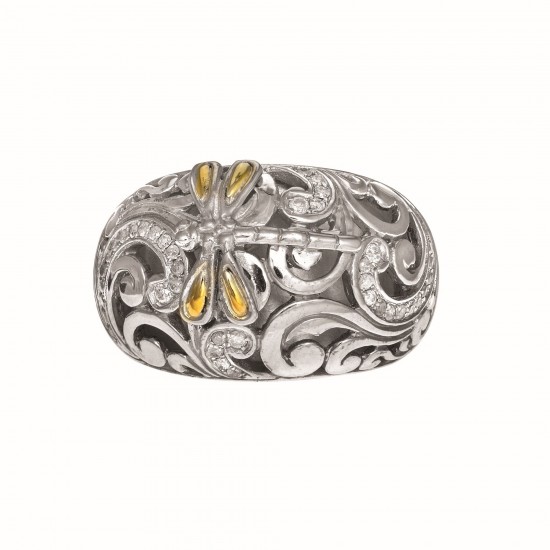 Silver And 18Kt Dragonfly Ring With 0.35Ct.Diamonds
