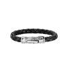 Silver With Rhodium Finish 8Mm Textured Woven Black Woven Leather Bracelet With Large Fleur De Lis Clasp