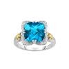 Silver And 18Kt Gold Gem Candy Square Ring With Cushion Blue Topaz And Diamonds