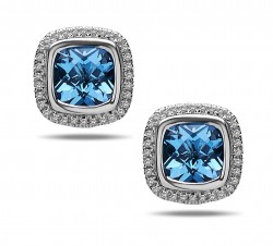Sterling Silver & 14KW Earrings .25Ct Diamonds 2 7X7Mm Cushion Swisterling Silver Blue Topaz