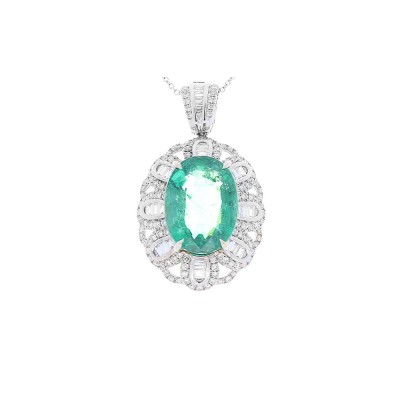 18K White Gold Emerald Gemstone Pendant