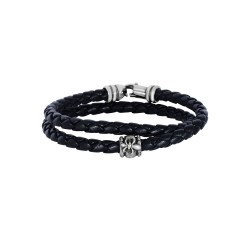 Silver Wrap Around Woven Black Leather Bracelet