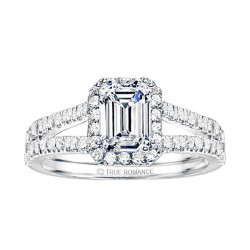 Emerald Cut Split Shank Halo Diamond Semi Mount Engagement Ring