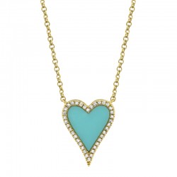 0.09ct Diamond & 0.69ct Composite Turquoise 14k Yellow Gold Heart Necklace