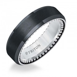 Bevel Edge Black Titanium and Sterling Silver Comfort Fit Band with Bead Texture Side Treatment and Satin Finish