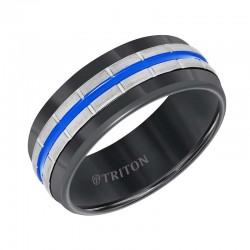 Black Tungsten Carbide Band with Vertical Grooves, Electric Blue Center Stripe & Satin Finish