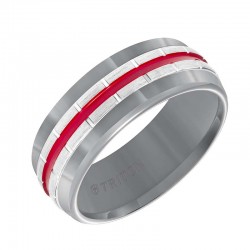 Gunmetal Grey Tungsten Carbide Band with Vertical Grooves, Fire Red Center Stripe & Satin Finish