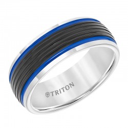 Black & White Domed Tungsten Carbide Band with Ribbed Center, Electric Blue Stripes and Bright Rims