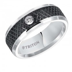 Flat Bevel Edge Black and White Diamond Tungsten Carbide band with Knurl Cut Center.