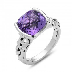 Sterling Silver Ring With 2 Rubies Bezel Set 1 10X10Mm  Cushion Amethyst