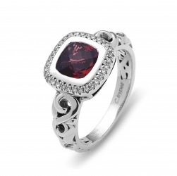 Sterling Silver Ring With .12Ct Diamonds Si3-I1 Kl 1 7X7Mm Cushion Garnet