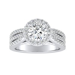 Halo Three Row 1.00 ct Center Round Lab Grown Diamond Engagement Ring In 14K White Gold