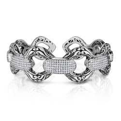 Silver 24Mm Byzantine Link Cuff Bangle With White Sapphires