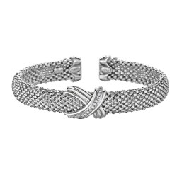 Silver And 18Kt Gold Popcorn Mesh Sculpted X Cuff Bracelet With Diamonds