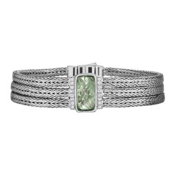 Silver Large 16Mm Woven Three-Strand Bracelet With Green Amethyst And White Sapphire