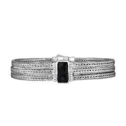 Silver Large 16Mm Woven Three-Strand Bracelet With Black Onyx And White Sapphire