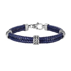 Silver Textured 2-Strand Woven Blue Leather Bracelet With Lobster Clasp