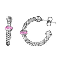 Silver Italian Cable Large Hoop Earrings With Pink Topaz