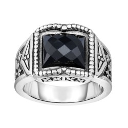 Silver Oxidized Engraved Square Black Onyx Ring