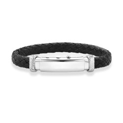 Adjustable Bracelet In Sterling Silver And Flat Black Italian Leather