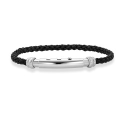 Adjustable Bracelet In Sterling Silver And Round Black Italian Leather