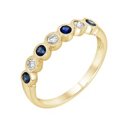 Yellow Gold Blue Sapphire And Diamond Band Birthstone Ring 0.24 CT