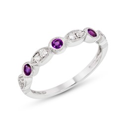 White Gold Amethyst And Diamond Band Birthstone Ring 0.18 CT
