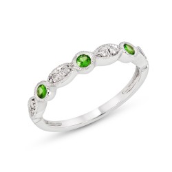 White Gold Emerald And Diamond Band Birthstone Ring 0.13 CT