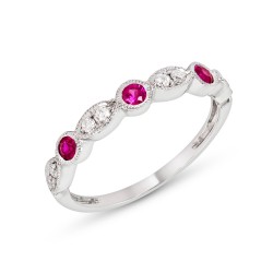 White Gold Ruby And Diamond Band Birthstone Ring 0.18 CT