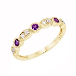 Yellow Gold Amethyst And Diamond Band Birthstone Ring 0.14 CT