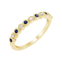 Yellow Gold Blue Sapphire And Diamond Band Birthstone Ring 0.10 CT