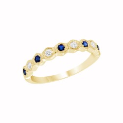 Yellow Gold Blue Sapphire And Diamond Band Birthstone Ring 0.12 CT