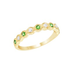Yellow Gold Emerald And Diamond Band Birthstone Ring 0.10 CT