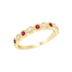 Yellow Gold Ruby And Diamond Band Birthstone Ring 0.12 CT