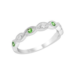 White Gold Emerald And Diamond Band Birthstone Ring 0.06 CT