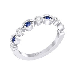 White Gold Blue Sapphire And Diamond Band Birthstone Ring 0.19 CT