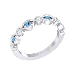 White Gold Blue Topaz And Diamond Band Birthstone Ring 0.20 CT